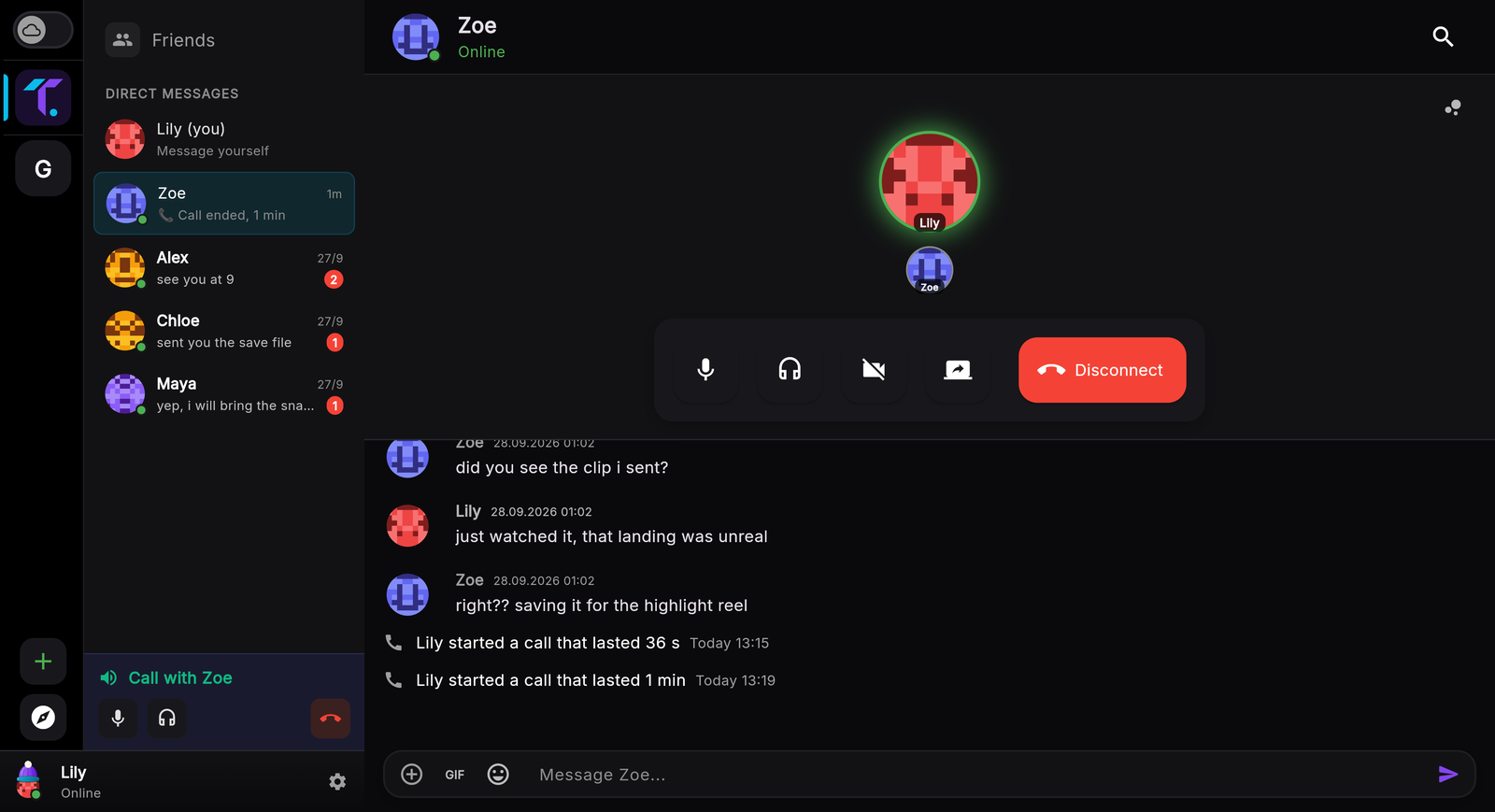 A Tusile call in a direct message, with the call controls above the conversation