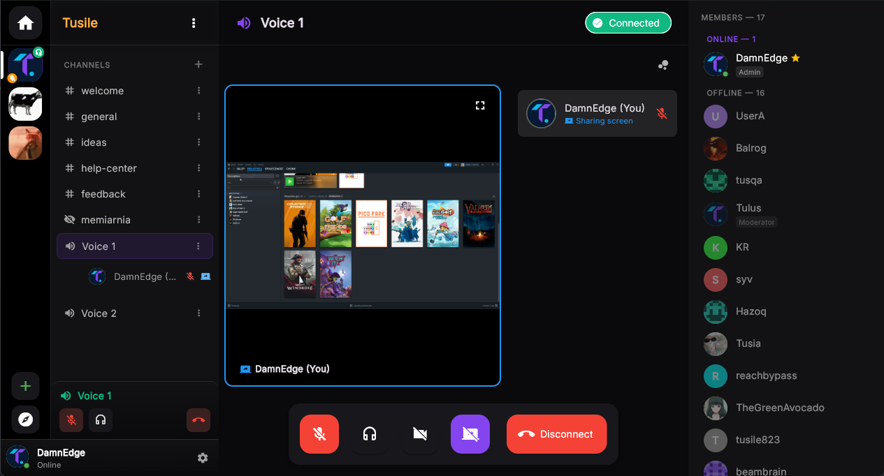 Kanał voice ze screen share i listą członków